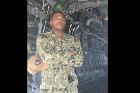 
			
				                                Petty Officer 2nd Class Sean James serves on the Fleet Logistics Multi-Mission Squadron (VRM) 50.
 
			
		