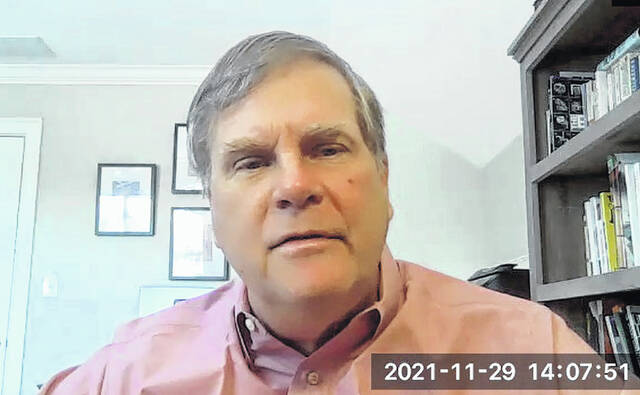 
			
				                                Screenshot via Zoom
                                Dr. Christopher Ohl speaks on a Zoom conference call with media on Monday.
 
			
		