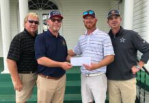 
			
				                                The team from SEAC of the Carolinas won the Kilwinning Lodge #64 golf tournament at Twin Valley Golf Club Oct. 27. Tournament chair Eric Forbes (second from left) presented the winnings to Dustin Horne. Other team members were Danny McRae, Tim Carpenter and Tim Horne (not pictured). Tournament proceeds will help renovate and restore Kilwinning’s lodge building on South Greene Street in Wadesboro.
                                 Submitted photo

			
		